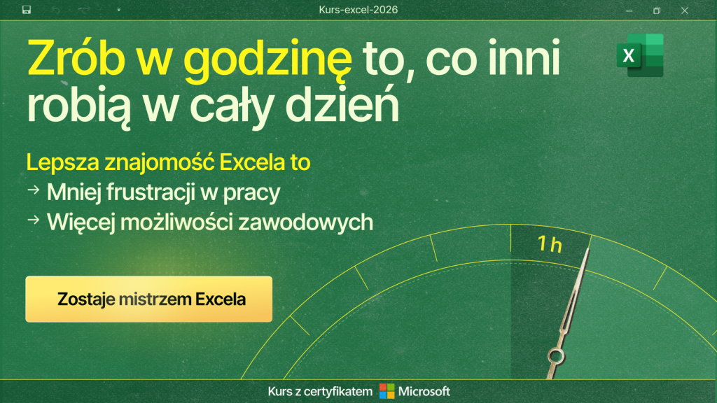 Baner kursu Specjalista MS Excel z certyfikatem Microsoft Office Specialist (MOS), obejmującego praktyczną naukę Microsoft Excel, analizę danych, tabele przestawne, Power Query i automatyzację pracy.
