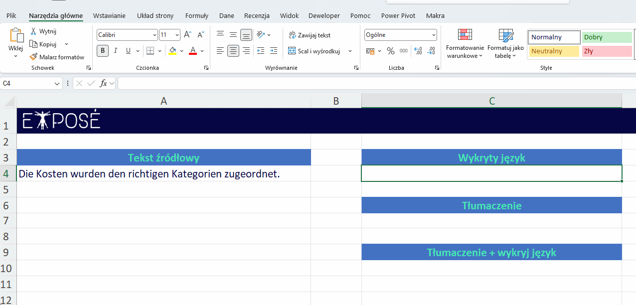 Funkcja WYKRYJJĘZYK (DETECTLANGUAGE) w Excelu